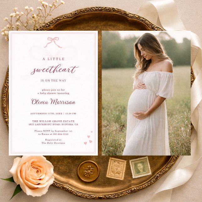 Convite Little Sweetheart Pink Bow Photo Baby Shower (Criador carregado)