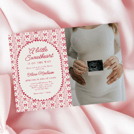 Convite Little Sweetheart Pink Red Bow Baby Shower Photo