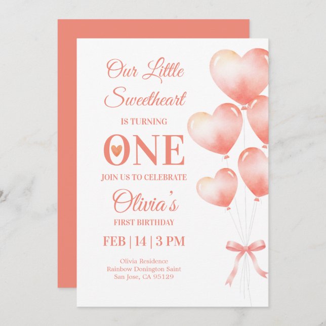 Convite Little Sweetheart Turns One Baby Girl Invitation (Frente/Verso)