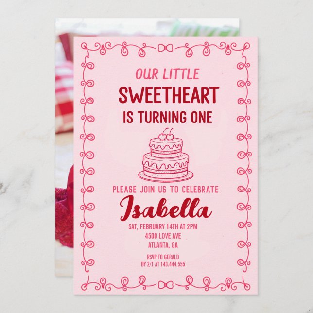 Convite Little Sweetheart Valentine 1st Birthday Cake  (Frente/Verso)