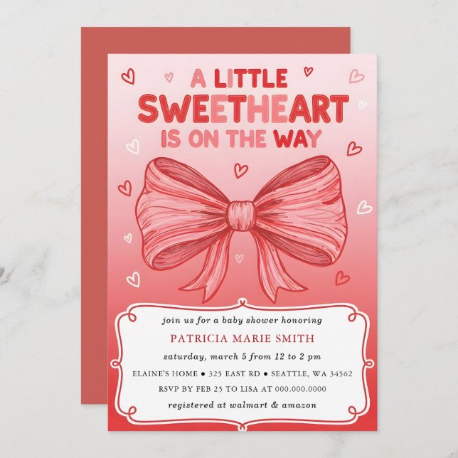 Convite Little Sweetheart Valentines Bow Baby Shower (Frente/Verso)