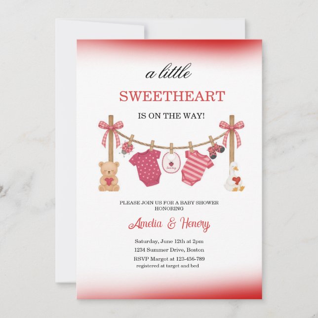 Convite Little Sweetheart Valentines Girl Baby Shower  (Frente)