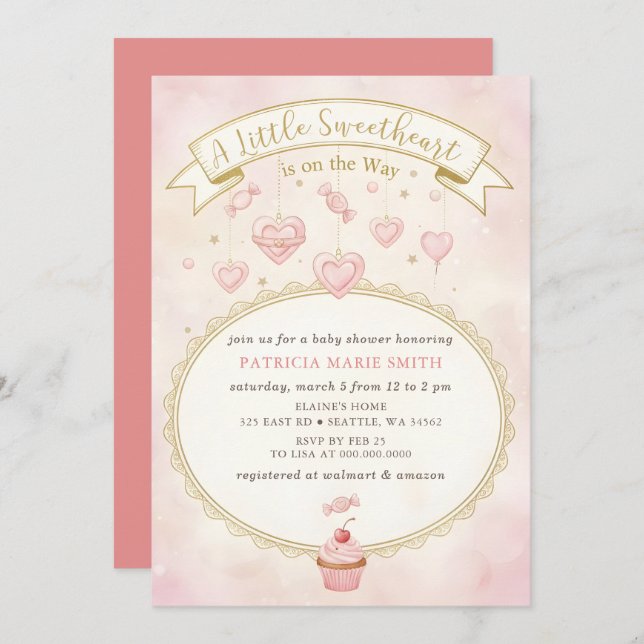 Convite Little Sweetheart Valentines Girl Baby Shower (Frente/Verso)
