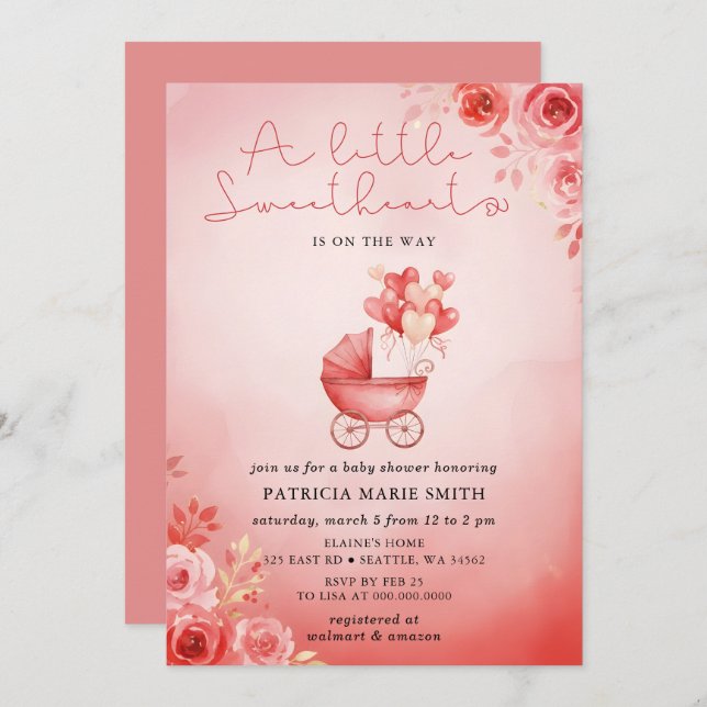 Convite Little Sweetheart Valentines Girl Baby Shower (Frente/Verso)