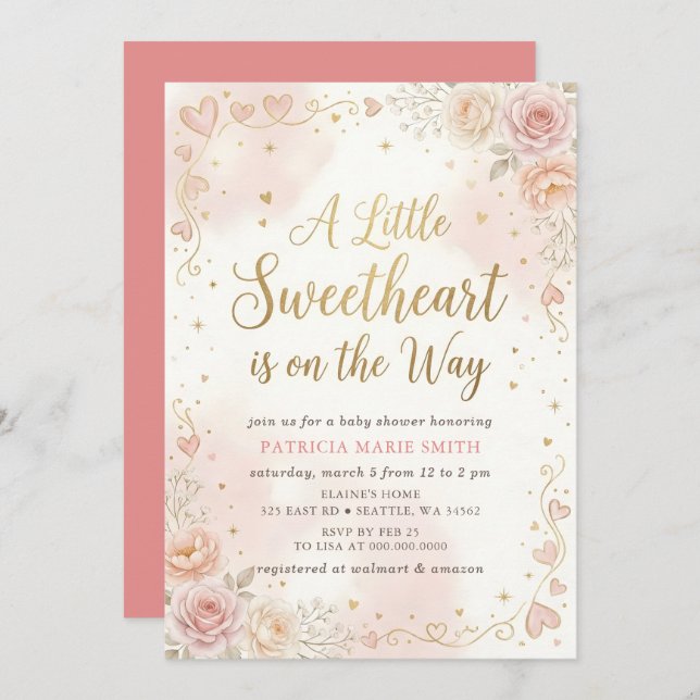 Convite Little Sweetheart Valentines Girl Baby Shower (Frente/Verso)