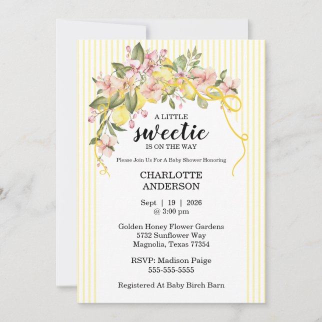 Convite Little Sweetie Lemon Yellow Pink Baby Shower (Frente)