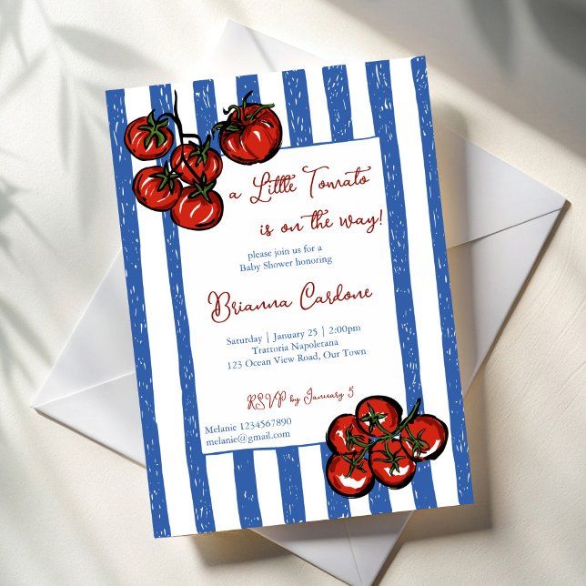 Convite Little tomato blue stripes Italian baby shower (Little tomato blue stripes Italian  farmers market baby shower Invitation cards template)