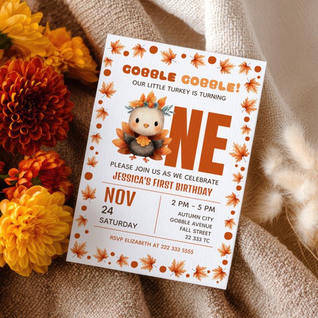 Convite Little Turkey Autumn Thanksgiving 1st Birthday (Criador carregado)