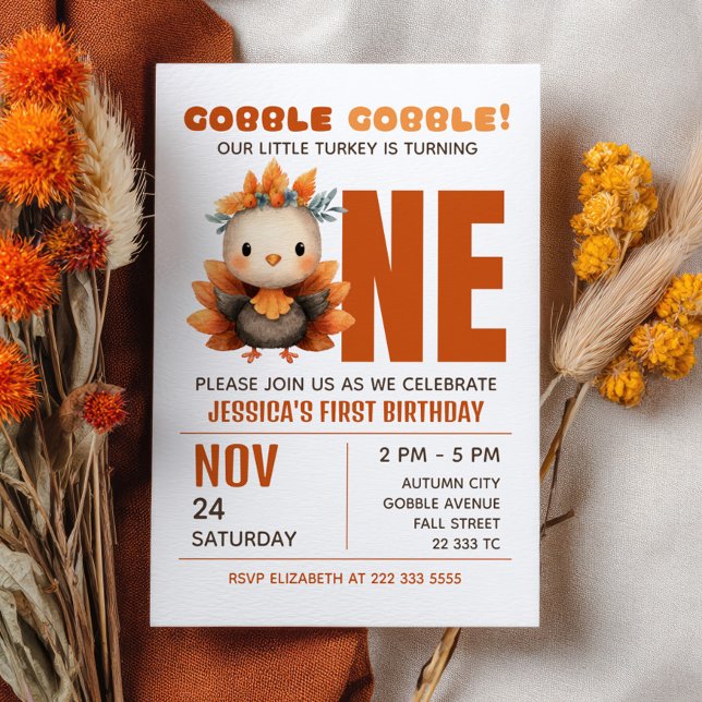 Convite Little Turkey Gobble Thanksgiving 1st Birthday (Criador carregado)