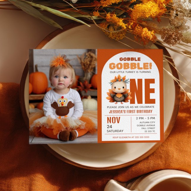 Convite Little Turkey Thanksgiving 1st Birthday Photo (Criador carregado)