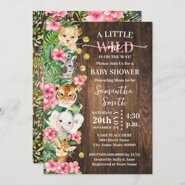 Convite Little Wild One Rustic Safari Pink Baby Shower (Frente/Verso)
