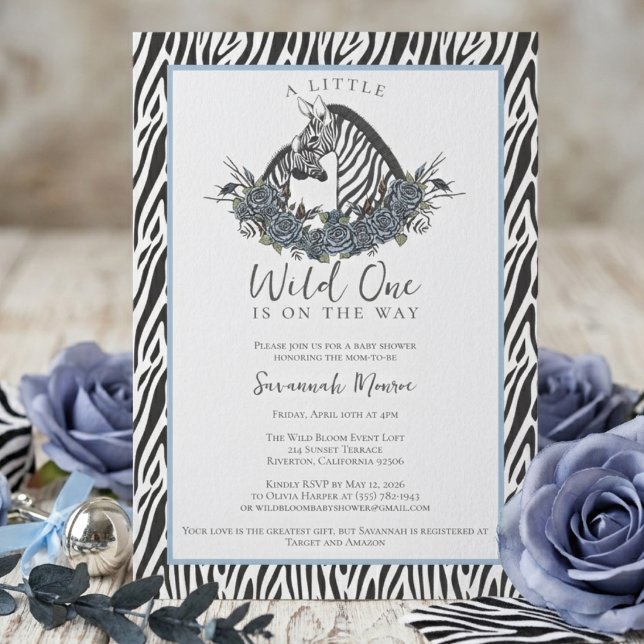 Convite Little Wild One Zebra Safari Baby Shower Party (Little wild one zebra safari baby shower invitation boy blue jungle animal wild one party theme)