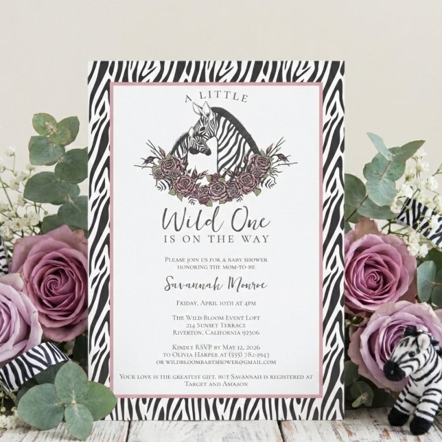 Convite Little Wild One Zebra Safari Baby Shower Party (Little wild one zebra safari baby shower invitation girl pink jungle animal theme wild one party)