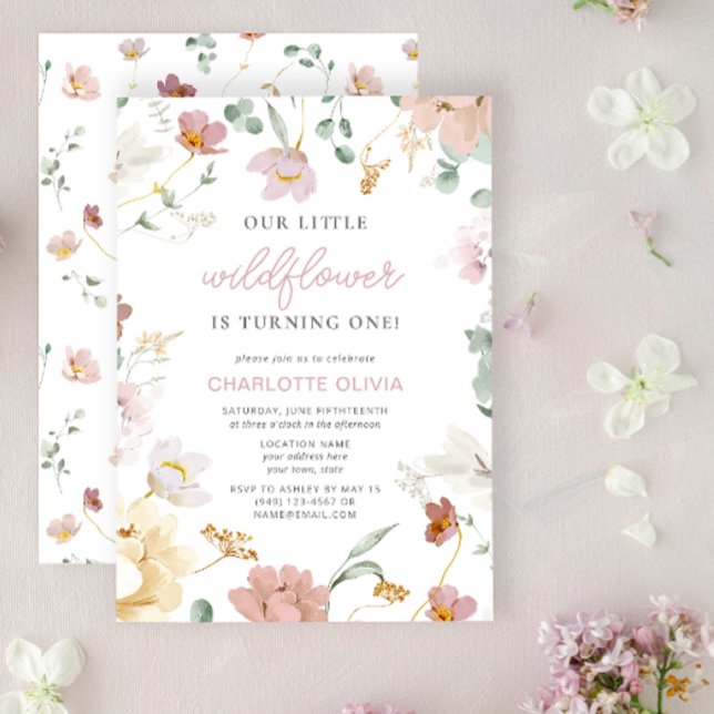Convite Little Wildflower está virando um aniversário (Easily personalize this 1st Birthday Invitation with your details for a very special event)