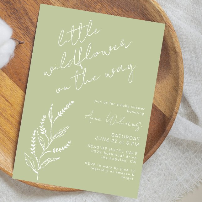Convite Little Wildflower Handdrawn Sage Green Baby Shower (Criador carregado)