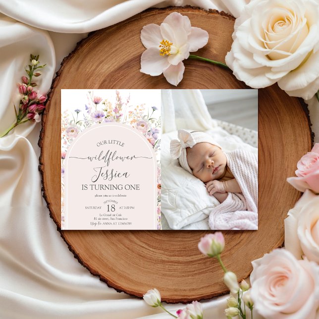 Convite Little Wildflower Photo 1st Birthday Invite (Criador carregado)