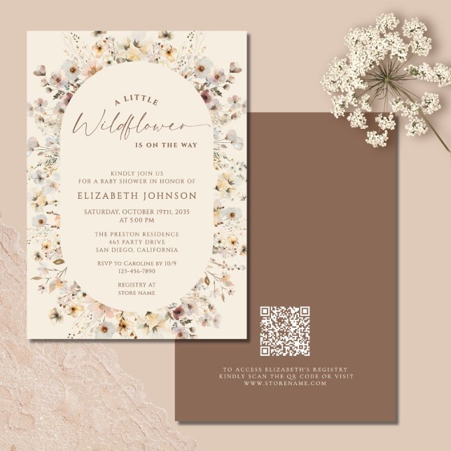 Convite Little Wildflower Rustic QR Code Baby Shower  (Criador carregado)