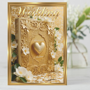 Convite Livro de Casamento Elegante Coração Dourado Flores