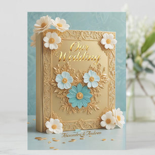 Convite Livro de Casamento Elegante Flores Azuis Brancas D
