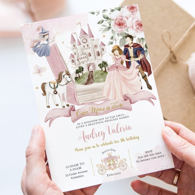 Convite Livro de Fairytales Uma Vez em uma Era Princesa An (fairytale book pink castle pop up princess prince fairy godmother birthday invitation card printed)