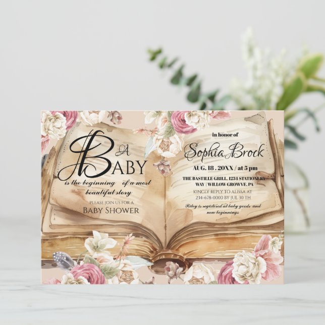 Convite Livro de Flores de Conto de Fadas Chá de Bebê (Em pé/Frente)