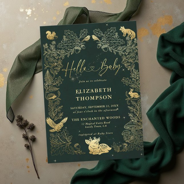 Convite Livro de Histórias de Animais da Floresta Chamada  (woodland baby shower ideas animals enchanted forest garden storybook frame elegant green faux gold)
