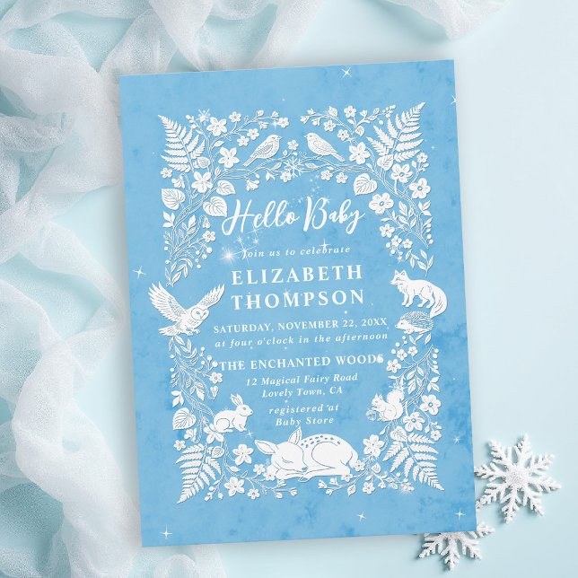 Convite Livro de Histórias de Animais da Floresta Chuva de (winter baby shower invitations frost blue white woodland animals storybook enchanted forest)