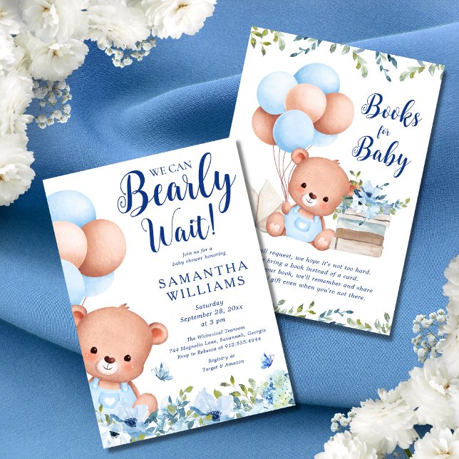 Convite Livro de Urso de Teddy Blue Budget para Chá de fra (This baby shower invitation features a cut teddy bear and blue balloons surrounded by wildflowers.)