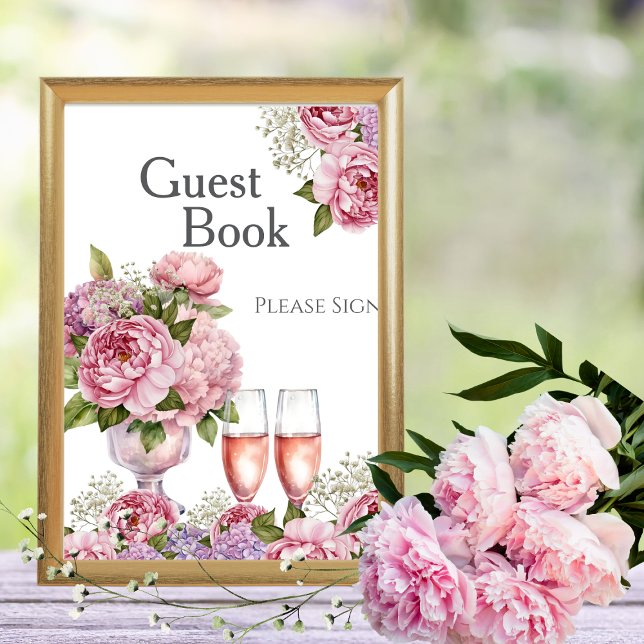 Convite Livro de Visitas Pétalas & Prosecco Sinal de Chá d (Petals & Prosecco Guest Book Bridal shower Sign)