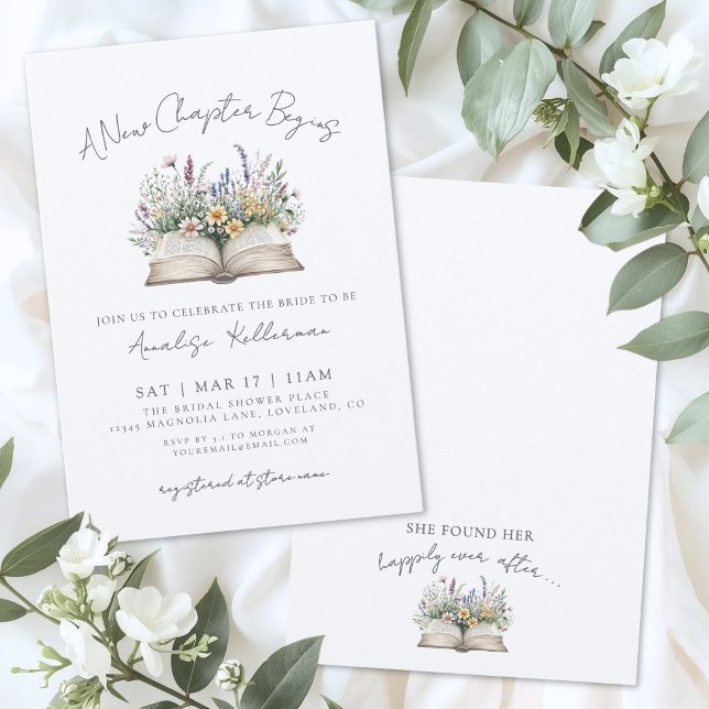 Convite Livro Novo Capítulo Chá de Noiva Wildflower (Book New Chapter Wildflower Bridal Shower Invitation)