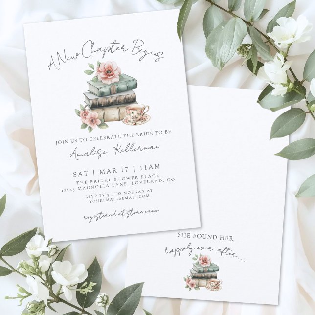 Convite Livro Novo Capítulo Floral Chá de Noiva (Book New Chapter Floral Bridal Shower Invitation)