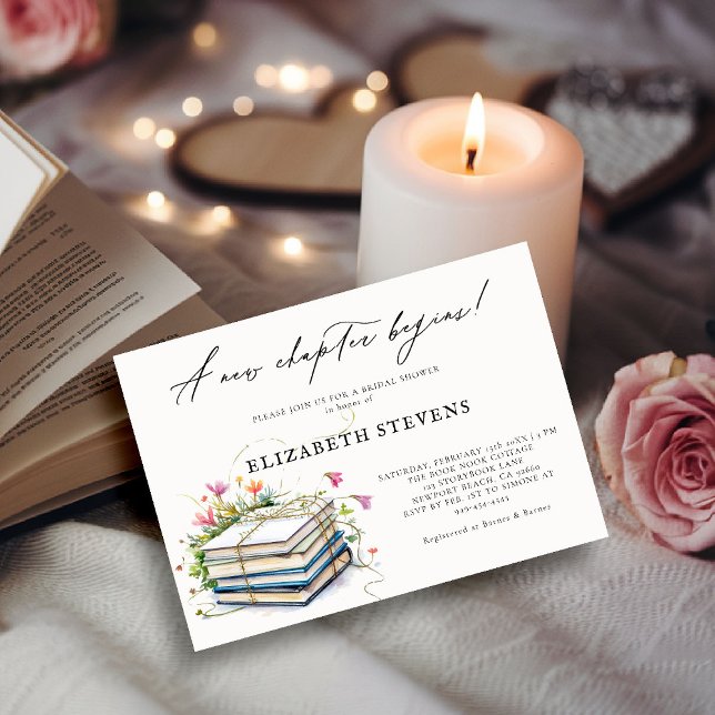 Convite Livro Themed Chá de panela Flores Selvagens Novo C (book themed bridal shower invitation book lover bookish wildflowers floral calligraphy elegant chic)
