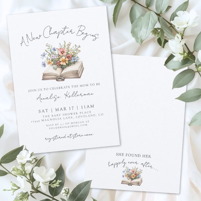 Convite Livro Wildflower Novo Capítulo Chá de Bebê da Noiv (Book Wildflower New Chapter Bridal Shower Invitation)