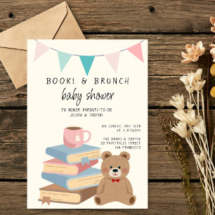 Convite Livros & Brunch Neutral Livros & Teddy Chá de Bebê