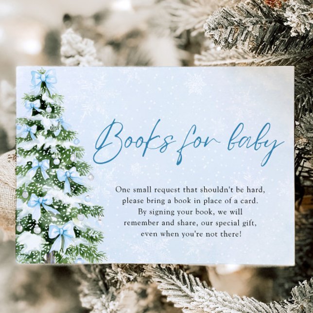 Convite Livros da Árvore de Natal com Laço Azul para Chás  (Blue Bow Christmas Tree Books for Baby Baby Shower)
