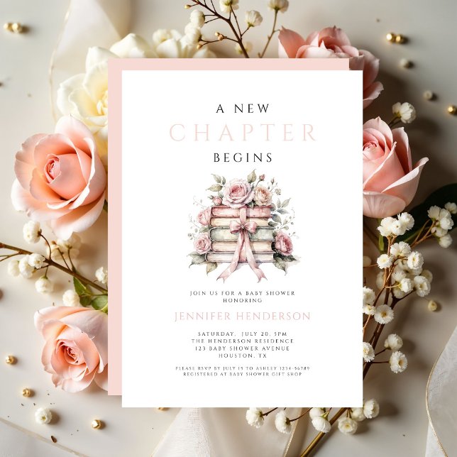 Convite Livros de Arco-íris Rosa Um Novo Capítulo Começa C (Pink Bow Books A New Chapter Begins Baby Shower Invitation)