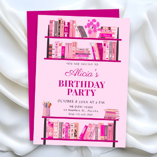 Convite Livros divertidos cor-de-rosa de aniversário