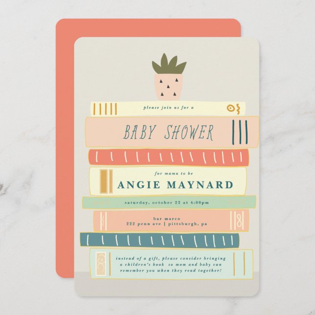 Convite Livros Rosa E De Mint Para Chá de fraldas De Bebê (Frente/Verso)