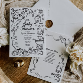 Convite Livros Whimsical Desenhados à Mão para Bebê, Chá d