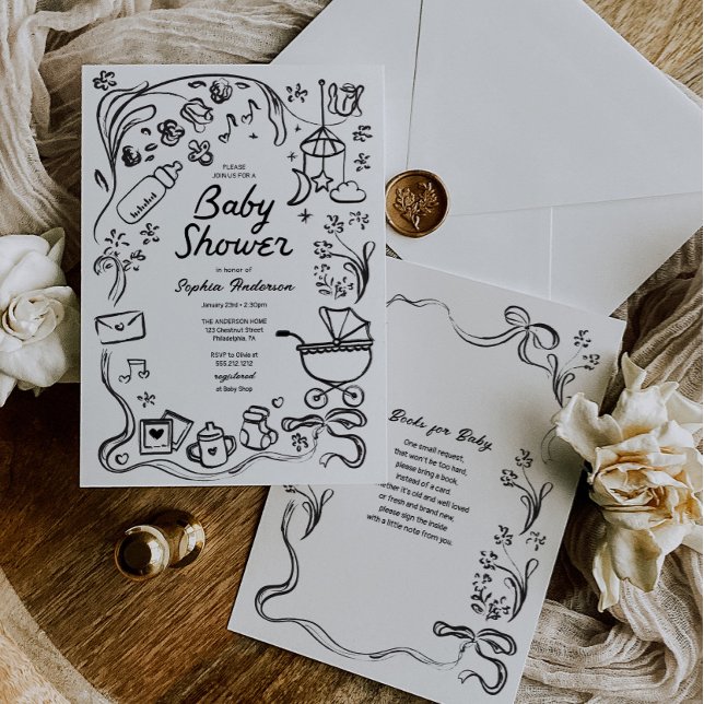 Convite Livros Whimsical Desenhados à Mão para Bebê, Chá d (Criador carregado)