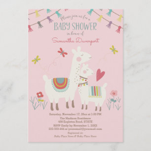 Convite Llama Baby and Mama Chá Invitation Pink