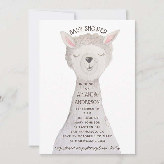 Convite Llama Baby Shower | Sweet Watercolor Alpaca Animal (Frente)
