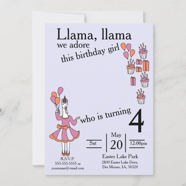 Convite Llama Birthday Girl lavendar e laranja (Frente)