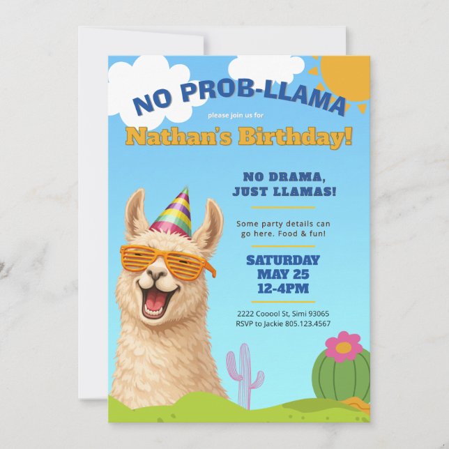 Convite Llama Birthday Party Invite, No Prob-Llama (Frente)