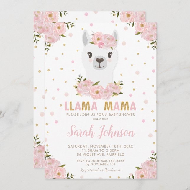 Convite Llama Chá de fraldas Blush Floral (Frente/Verso)