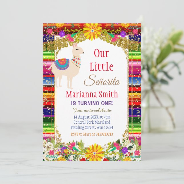 Convite Llama Dourado Colorida Mexicana Fiesta Birthday (Em pé/Frente)
