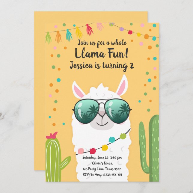 Convite Llama Fiesta Birthday Alpaca Fiesta Yellow Girl (Frente/Verso)