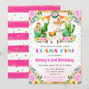 Convite Llama Floral de Verão em Aquarela Aniversário de C