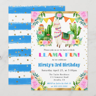 Convite Llama Floral de Verão em Aquarela para Aniversário