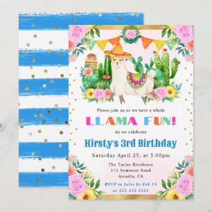 Convite Llama Floral de Verão em Aquarela para Aniversário